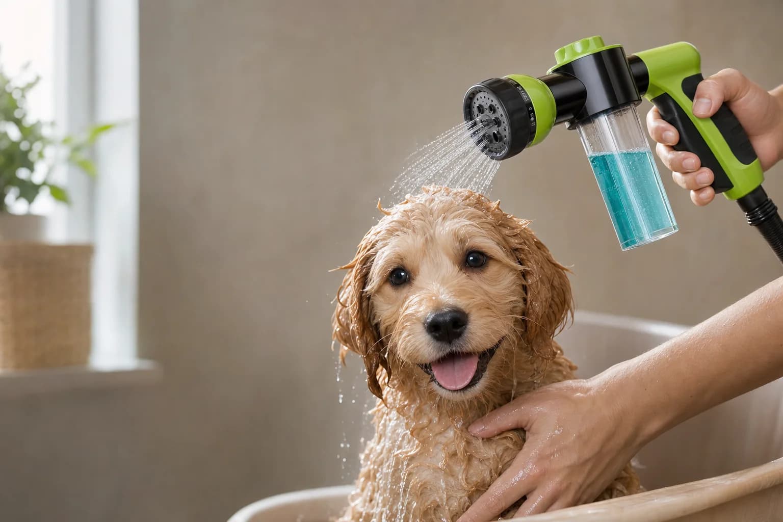 Happy puppy being rinsed with a dog bath sprayer