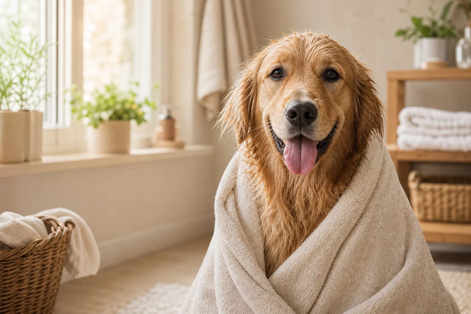 Happy dog wrapped in a towel after bath time